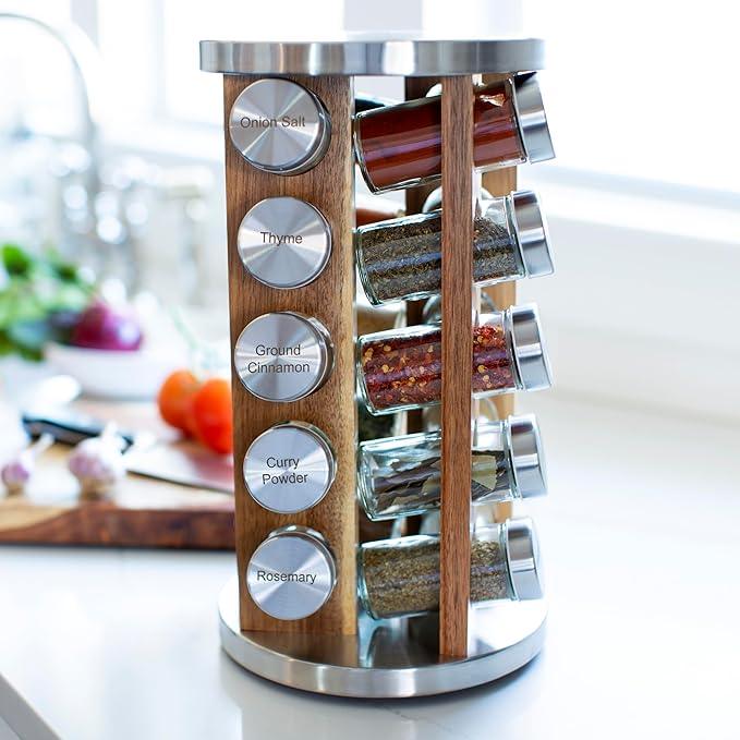 Orii 20 Jar Spice Rack with Spices Included - Tower Organizer for Kitchen Spices and Seasonings, (Natural Acacia Wood)