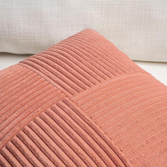 Fancy Homi 2 Packs Coral Lumbar Decorative Throw Pillow Covers 12x20 Inch for Living Room Couch, Rustic Farmhouse Boho Home Decor, Soft Striped Corduroy Rectangle Accent Peach Cushion Case 30x50 cm