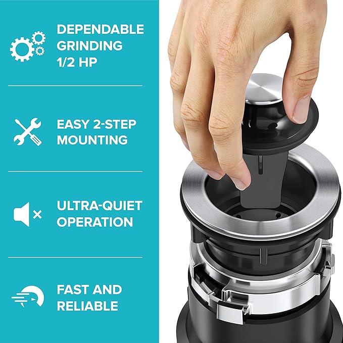 KRAUS WasteGuard 1/2 HP Continuous Feed Ultra-Quiet Motor Garbage Disposal with Quick Connect Mount, Power Cord and Flange Included, KWD110-50MBL