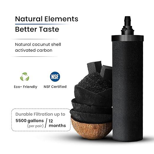 Gravity Water Filter System 2.25 Gallons NSF Certified - AISI 304 Stainless Steel Countertop Water Filtration with 2 Smart (Black) Carbon Filter Elements & Stainless Steel Water Spigot