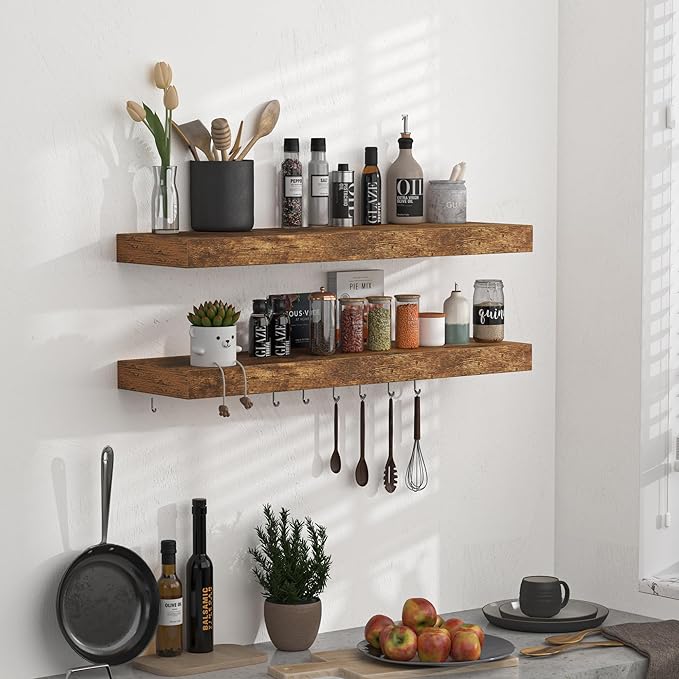 Floating Shelves - 2 Pack 9 Inch Rustic Wooden Wall Shelves - Extra Deeper & Thicker Wall Mounted Storage Shelf for Living Room, Kitchen, Farmhouse - 24