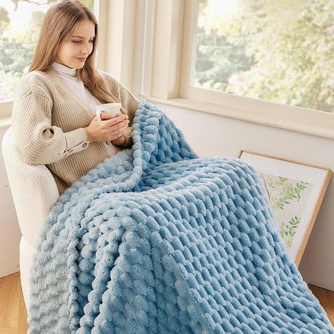 NEWCOSPLAY Super Soft Twin Blanket Blue Premium Silky Flannel Fleece 3D Clouds Stylish Jacquard Lightweight Bed Blanket All Season Use 350GSM (Blue, Twin(60