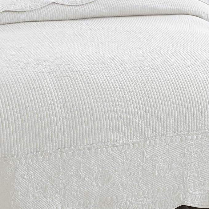 MarCielo 3-Piece 100% Cotton Oversized Bedspread Lightweight Quilt Coverlet Embroidery Farmhouse Bedding Set (TG Bright White, Oversized King (118