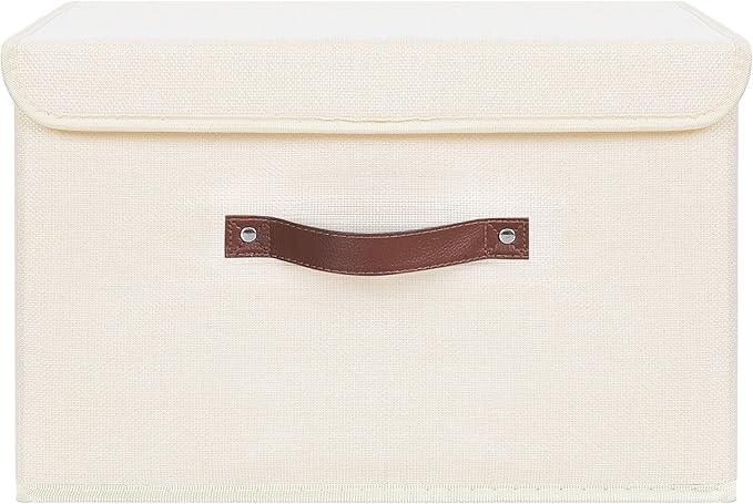 ANMINY 4PCS Storage Bins with Lid PU Leather Handles Storage Boxes PP Plastic Board Decorative Foldable Lidded Cotton Linen Fabric Home Cubes Baskets Closet Organizer Containers - Beige, Large Size