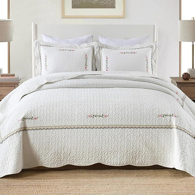 MarCielo 3-Piece 100% Cotton Oversized Bedspread Lightweight Quilt Coverlet Embroidery Farmhouse Bedding Set (Sakura White, Oversized Queen (100