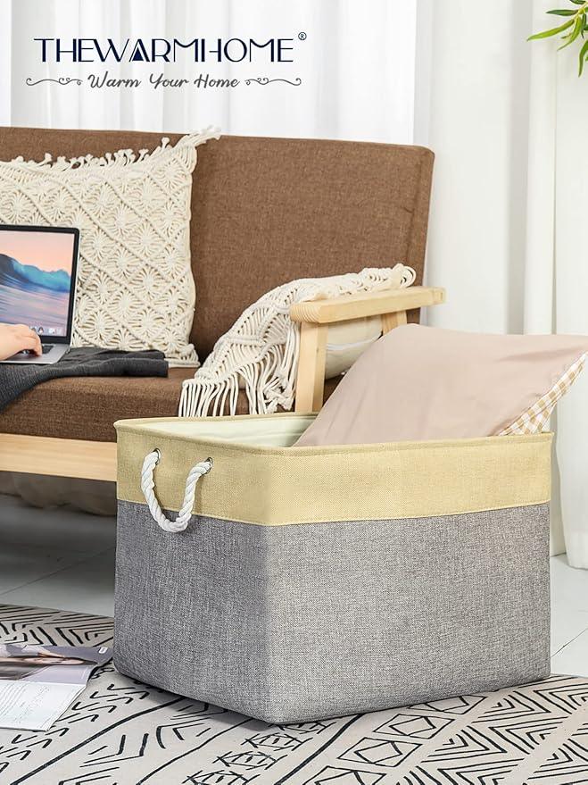TheWarmHome Storage Bins Baskets for Organizing - Extra Jumbo 3 Pack 20.5Lx15.7Wx13.8H Sturdy Fabric Storage Basket for Shelves, Decorative Foldable Closet Nursery Toy (Gold&Grey)