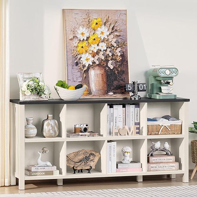 8 Cube Book Shelf, Farmhouse Wood Long Storage Organizer Bookcase, 62