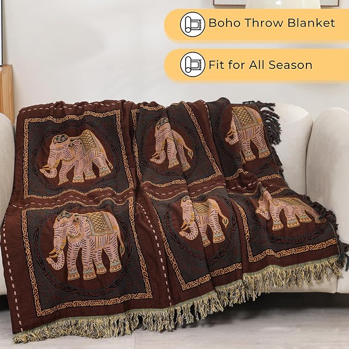 Boho Throw Blanket for Bed with Tassels,100% Cotton Ultra Soft and Cozy Large Blanket Elephant Printed Farmhouse Decor Bed Blankets,80