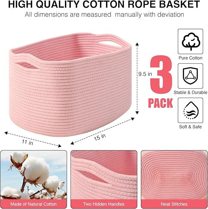Storage Baskets for Organizing Shelves, Pink Basket for Nursery, Woven Cotton Rope Baskets for Storage, Towel Basket for Bathroom, 15