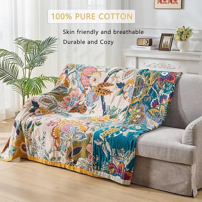 Ultra Soft Lightweight Cotton Quilts,Cozy Summer Boho Throw Blankets,Lightweight Reversible Muslin Blanket Decor Blankets for Armchair Travel, 80