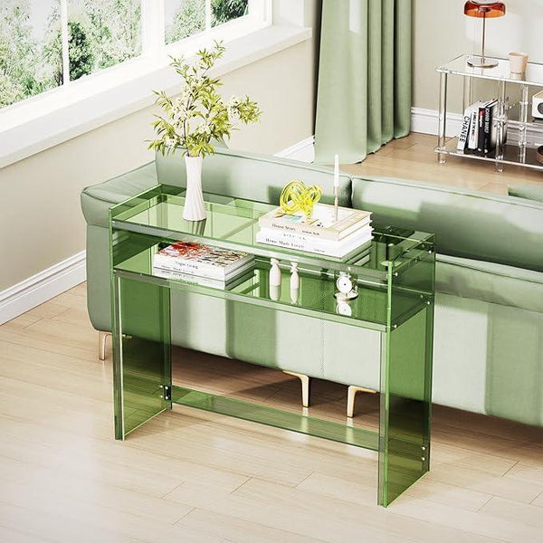 Acrylic Console Table, Entryway Table with Storage Shelves (Green)