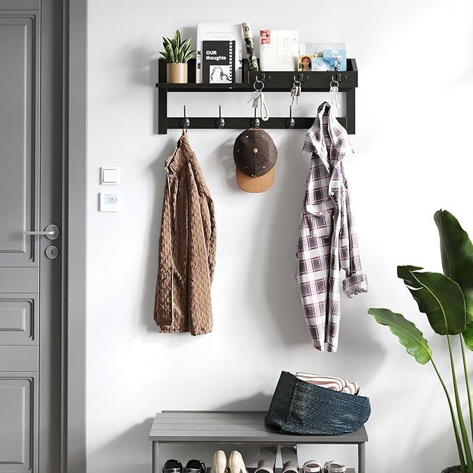 AMBIRD Wall Hooks with Shelf 26.57inch Entryway Wall Hanging Shelf Wood Coat Hooks for Wall Coat Rack Wall Mount Rack with 5 Dual Hooks 3 Key Hooks Mail Organizer and Key Rack Key Holder (Black)