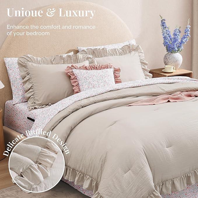 King Comforter Set - 7 Pieces Ruffle Beige Bedding Sets, Shabby Chic Farmhouse Bed in a Bag King with Ruffle Comforter, Floral Sheets, Pillowcases & Shams