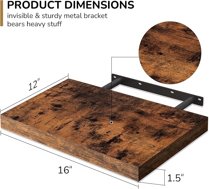 Fun Memories Floating Shelves - 2 Pack 12 Inch Deep Rustic Wooden Wall Shelves - Extra Deeper & Thicker Wall Mounted Storage Shelf for Living Room, Kitchen, Farmhouse - 16