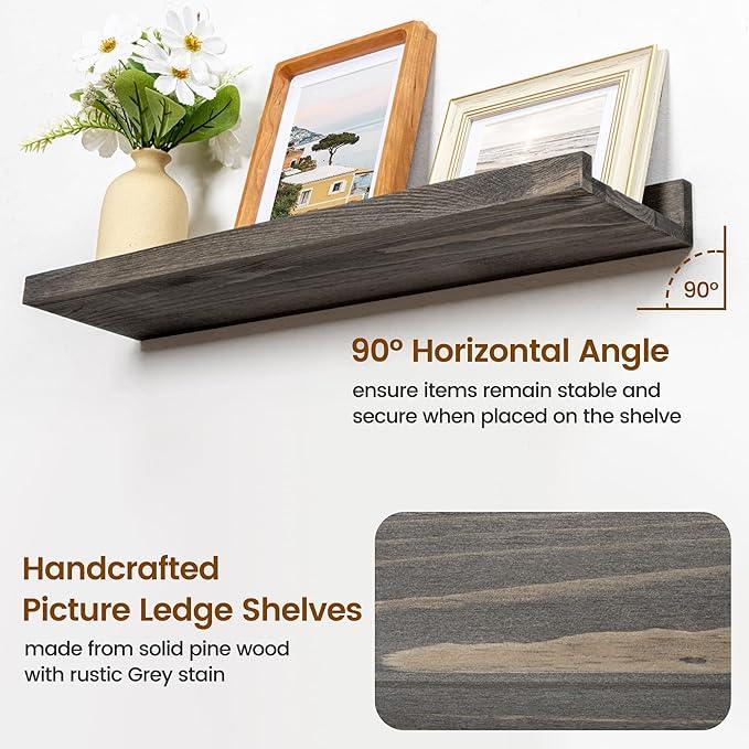 Picture Ledge Wall Shelves - 24 Inch Width Set of 3, Solid Pine Wood Rustic Floating Ledge Shelves for Kids' Room, Bedroom, Kitchen, Bathroom, Living Room, Nursery Display Wall Decor, Grey