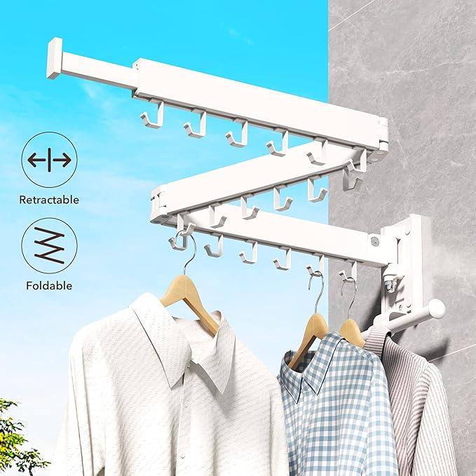 Clothes Drying Rack,Laundry Drying Rack Wall Mount, Wall Mounted Clothes Rack,Retractable,Collapsible(Tri-Fold),Drying Rack Clothing,can Fold Upward & Left & Right,Space Saver, White Color