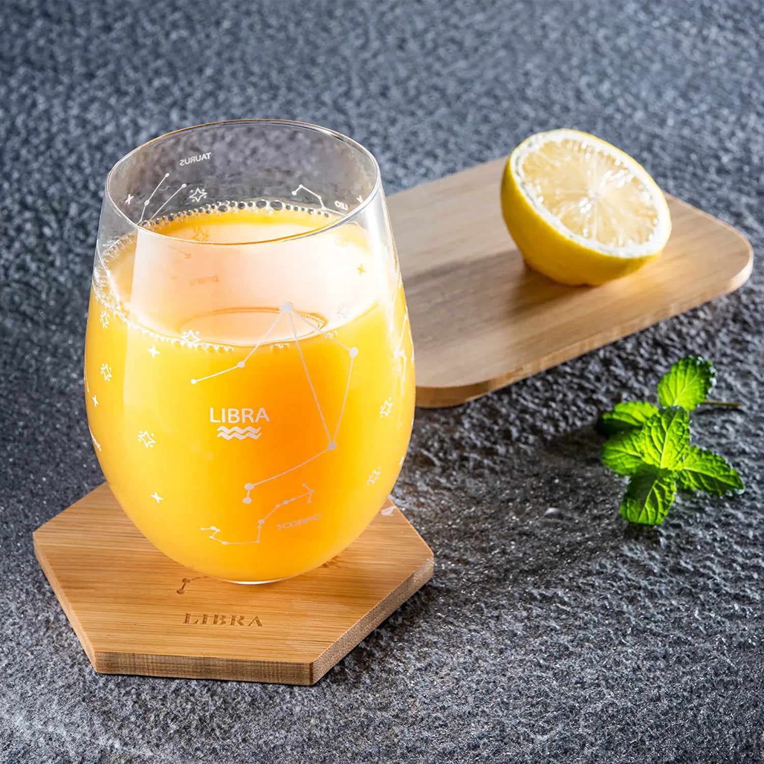 Set of 2 Zodiac Sign Wine Glasses with 2 Wooden Coasters by The Wine Savant - Astrology Drinking Glass Set with Etched Constellation Tumblers for Juice, Water Home Bar Horoscope Gifts 18oz (Libra)