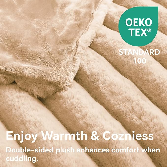 BEDELITE Faux Fur Throw Blanket for Couch, Soft and Cozy Luxurious 3D Striped Fluffy Blanket, 770GSM Thick Warm Plush Fuzzy Faux Rabbit Fur Blanket for Women Gift (Brown, 50