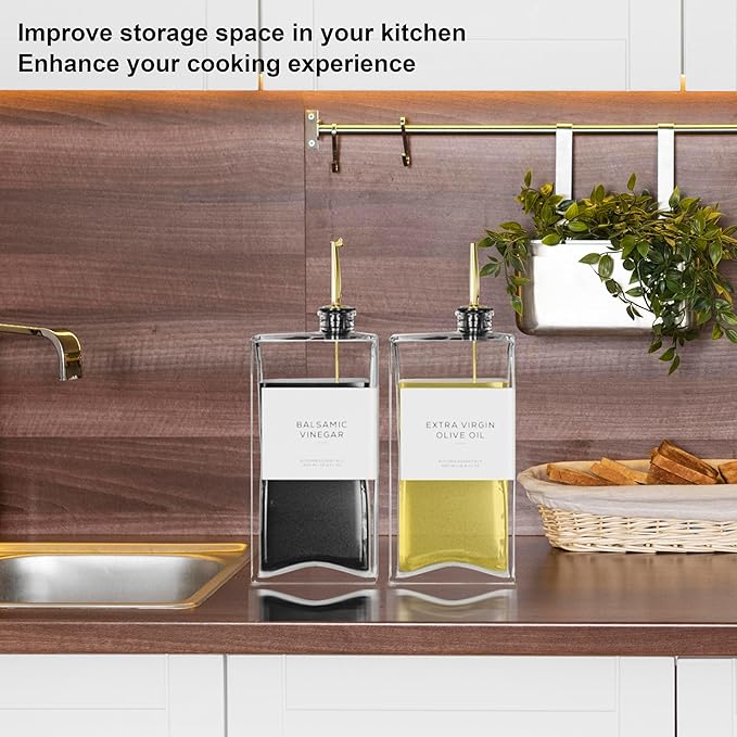 Olive Oil Dispenser for Kitchen, 16.9 oz/ 500 ml Olive Oil Dispenser Bottle, Glass Oil Bottles for Kitchen with 4 Stainless Steel Pourers, 40 Labels, 2 Pcs, Gold