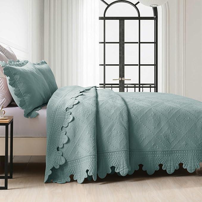 MarCielo 3-Piece 100% Cotton Oversized Bedspread Lightweight Quilt Coverlet Embroidery Farmhouse Bedding Set (Tk Aqua Green, Oversized King (118