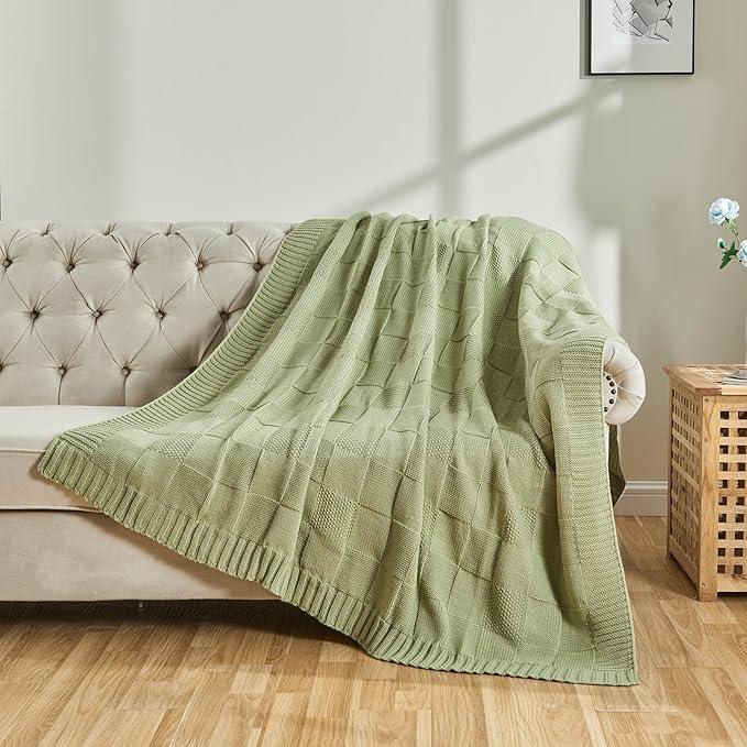 CozeCube Check Knit Throw Blanket, Sage Green Checkered Throw for Couch, Decorative Christmas Soft Cozy Warm Knitted Blanket for Bed Sofa Living Room, 60
