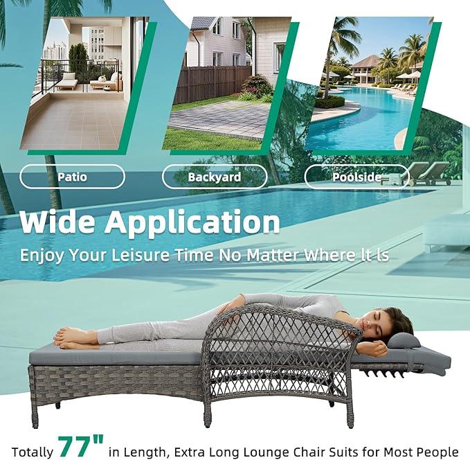 VIVIJASON 3 Pieces Outdoor Wicker Chaise Lounge Chair Set, All-Weather PE Rattan Cushioned Patio Lounger Set of 2 with Side Table, Adjustable Pool Sunbathing Recliner with Armrest & Pillow, Gray