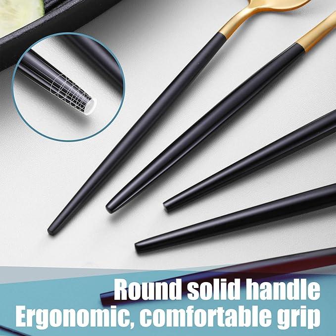 Matte Black Gold Silverware Set for 6,Modern Stainless Steel Brushed Cutlery Set,30-Pieces Heavy Duty Flatware Set,Knives Spoons and Forks Set Utensils Set, Satin Finish, Dishwasher Safe