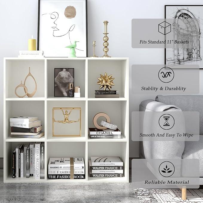 9-Cube Storage Shelf Bookcase - Wooden 3-Tier Floor Standing Open Bookshelf for Home and Office, Display Cabinet, Warm White