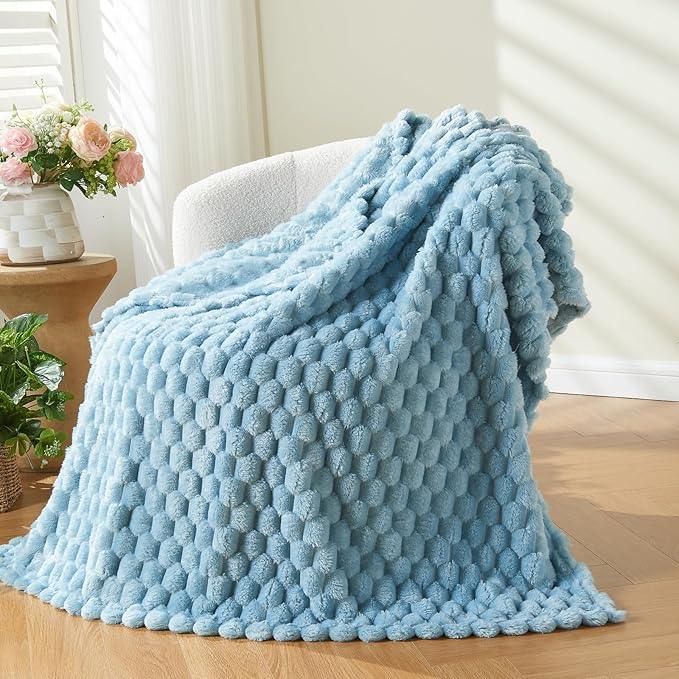NEWCOSPLAY Super Soft Twin Blanket Blue Premium Silky Flannel Fleece 3D Clouds Stylish Jacquard Lightweight Bed Blanket All Season Use 350GSM (Blue, Twin(60