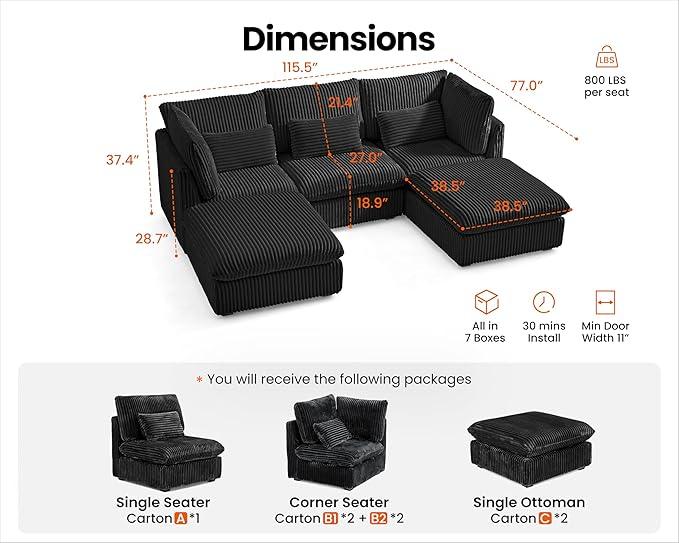 Oversized Modular Sofa, Extra Deep Cloud Corduroy Sectional Couch with Ottoman Chaise, Fluffy Corduroy 5 Seater Sofa Bed for Living Room, Villa (U Shape 5 Seater, Corduroy Black)