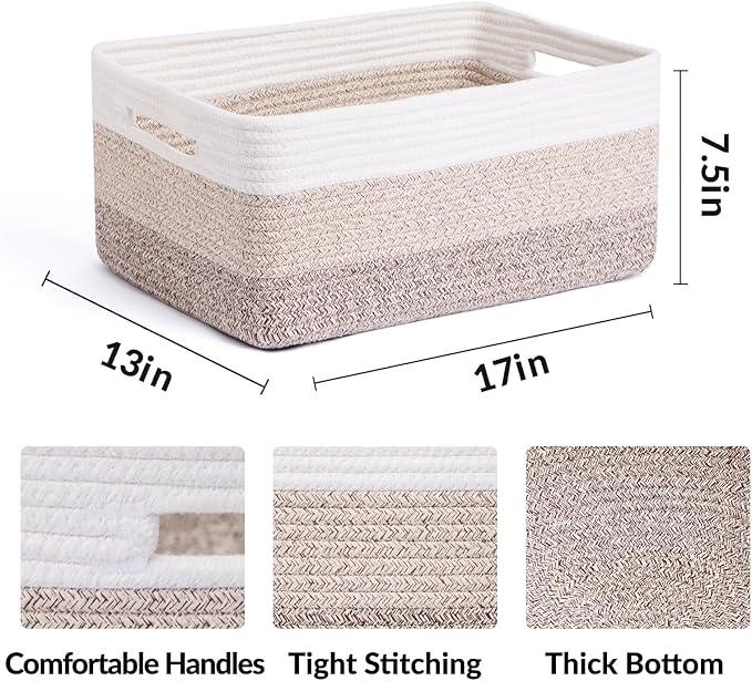 Large Storage Baskets for Organizing, Closet Shelf Baskets for Clothes Blanket Towels, Baby Nursery, Toy Bins Box, Woven Rope Baskets, 17 x 13 x 7.5”, 4 Packs Gradient Brown
