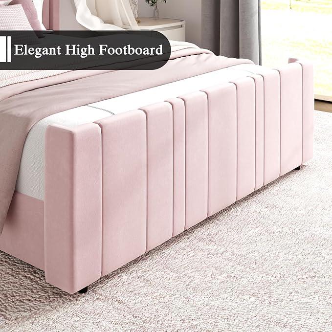 HOMBCK King Size Bed Frame and Headboard, Upholstered Bed with Vertical Channel Tufted Headboard & Footboard, Wooden Slats/Noise Free/No Box Spring Needed/Easy Assembly, Pink