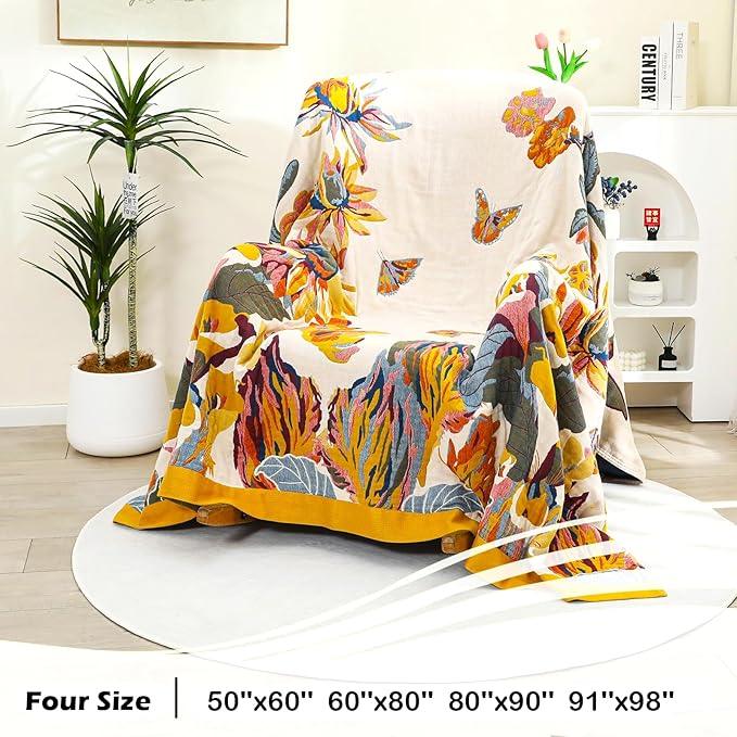 Boho Large Throw Blanket, 100% Organic Cotton Breathable Soft Bed King Throw - Fall Floral Bird Butterfly Farmhouse Decor Blanket for Sofa Couch Chair and Gift. 91