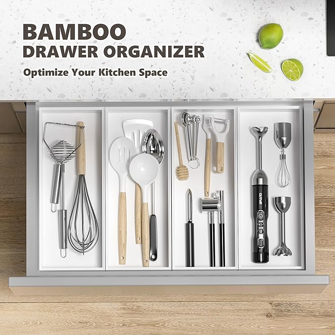 Kitchen Drawer Organizer Bins, Stackable Deep Bamboo Drawer Organizer for Silverware, Utensils, Cutlery, Flatware, Junk, Dresser, Bathroom, 15