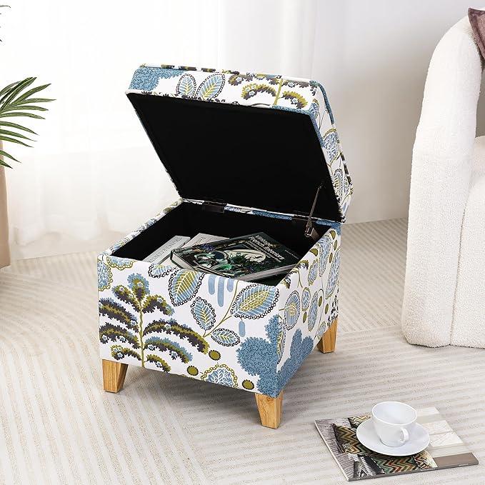 Adeco 18 Inch High Cube Ottoman Storage, Linen Chair Foot Stools, Upholstered Vanity Stool with Hinged Lid, Solid Wood Legs (Blue Leaves)