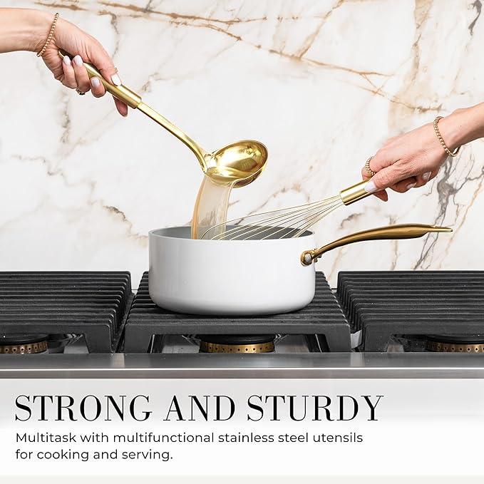 White Silicone and Gold Cooking Utensils Set with Gold Utensil Holder - 7-Piece Silicone Cooking Tools - Ideal for Nonstick Cookware and Stylish Modern Kitchens - Luxury Kitchen Accessories