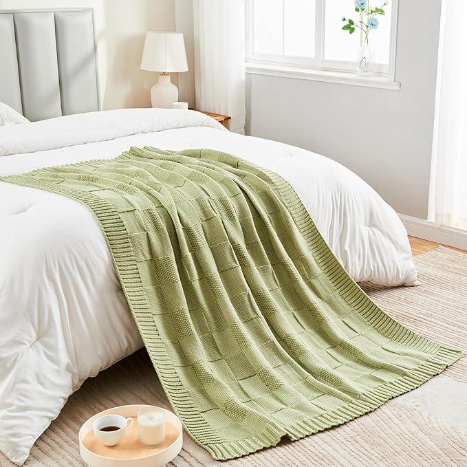 CozeCube Check Knit Throw Blanket, Sage Green Checkered Throw for Couch, Decorative Christmas Soft Cozy Warm Knitted Blanket for Bed Sofa Living Room, 60