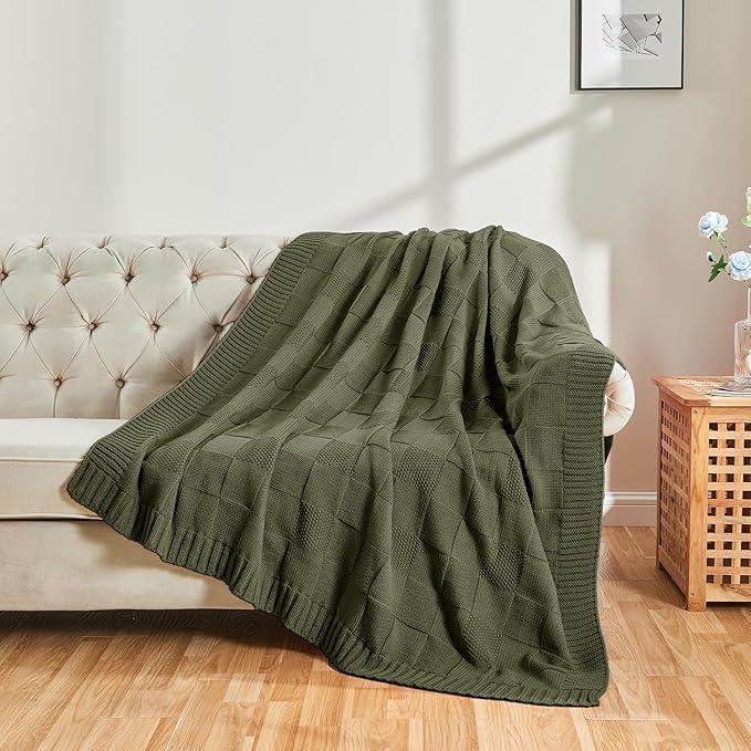 CozeCube Check Knit Throw Blanket, Olive Green Checkered Throw for Couch, Decorative Christmas Soft Cozy Warm Knitted Blanket for Bed Sofa Living Room, 60