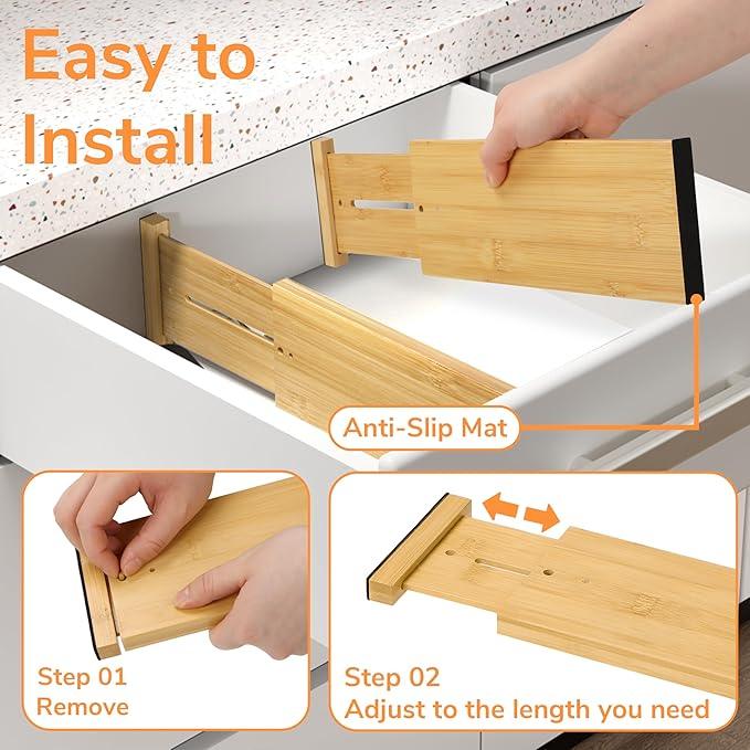BAMEOS 4 PCS Bamboo Drawer Divider Adjustable Drawer Dividers Kitchen Drawer Organization Utensil Organizers for Kitchen Dresser Bathroom Bedroom and Office