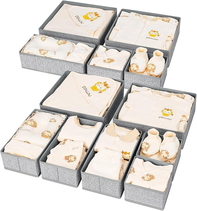 DIMJ Drawer Organizer Clothes 12 Pack - Foldable Baby Organizers and Storage & Dresser Organizer for Bedroom, Closet - Nursery Organization Dresser Dividers for underwear, Sock,Bra, Belt, Tie, Gray