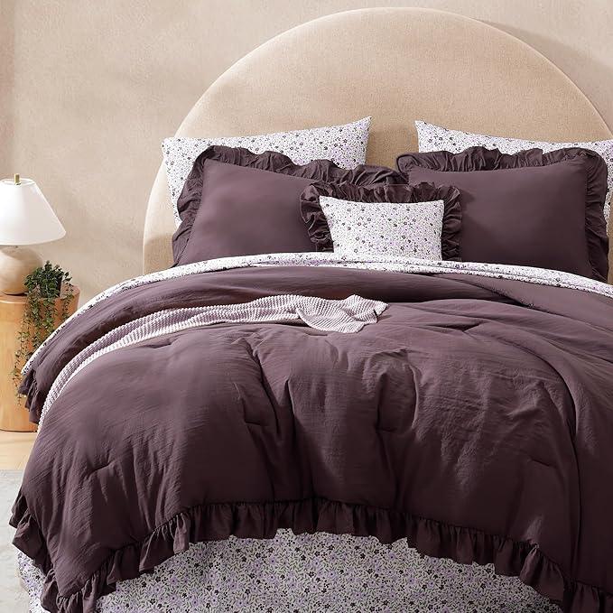 King Comforter Set - 7 Pieces Ruffle Purple Bedding Sets, Shabby Chic Farmhouse Bed in a Bag King with Ruffle Comforter, Floral Sheets, Pillowcases & Shams