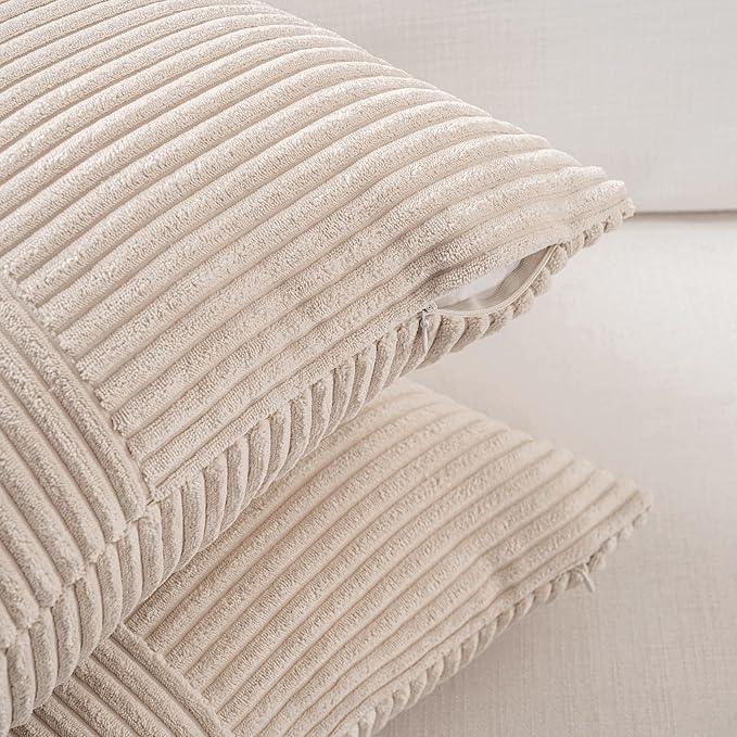 Fancy Homi 2 Packs Tan Long Lumbar Decorative Throw Pillow Covers 16x24 Inch for Couch Bed Sofa, Rustic Farmhouse Boho Home Decor, Soft Striped Corduroy Rectangle Accent Beige Cushion Case 40x60 cm