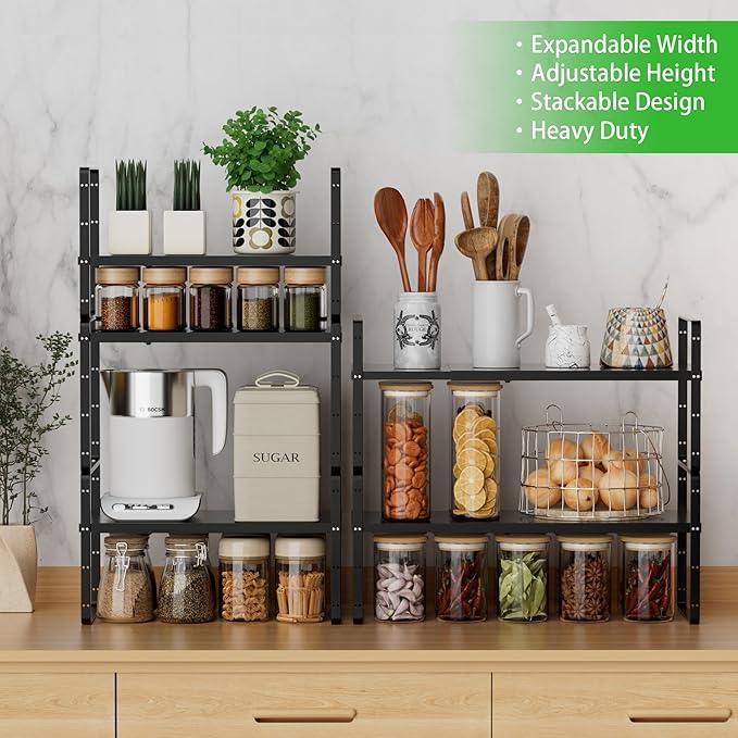 Expandable Cabinet Storage Shelf Stackable Organizer Rack for Kitchen Bathroom Pantry Spice Cupboard Countertop Home Office Desk Heavy Duty Nonslip Black Large 2 Pack