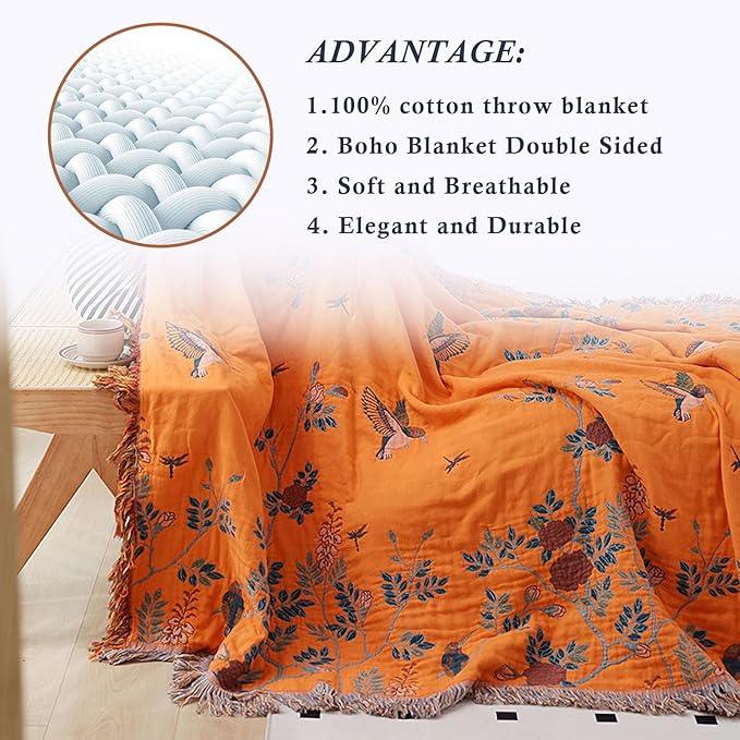 Snycler Boho Throw Blanket for Bed, 100% Organic Cotton Muslin Soft Throw-Floral Bird Farmhouse Rustic Spring Summer Fall Decor Blanket for Couch Sofa Quilt and Gift, 80