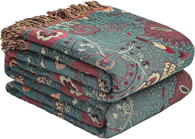 Boho Throw Blanket for Bed,100% Ultra Cotton Soft Breathable Bed Throw Floral Printed Farmhouse Decor Rustic Bed Throws for Couch Sofa Quilt 60
