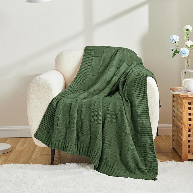 CozeCube Knit Throw Blanket,Christmas Green Checkered Bedroom Blanket for Couch,Soft Cozy Warm Knitted Blanket for Bed Sofa Living Room,Decorative Spring Fall Throw Blanket 50