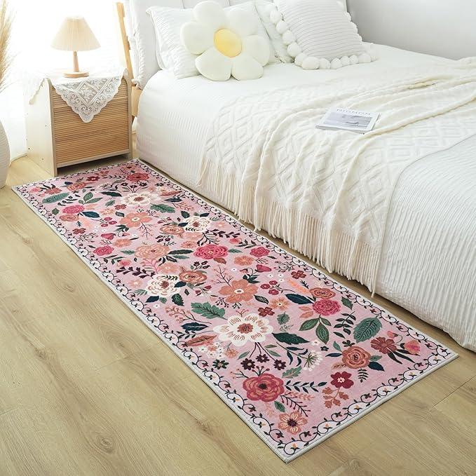 Runner Rug for Hallways Kitchen Rug Non Slip 2'x 6' Washable Rugs with Rubber Backing Soft Floral Carpet Runner for Hallways, Kitchen, Laundry, Bedroom, Bathroom(Pink)