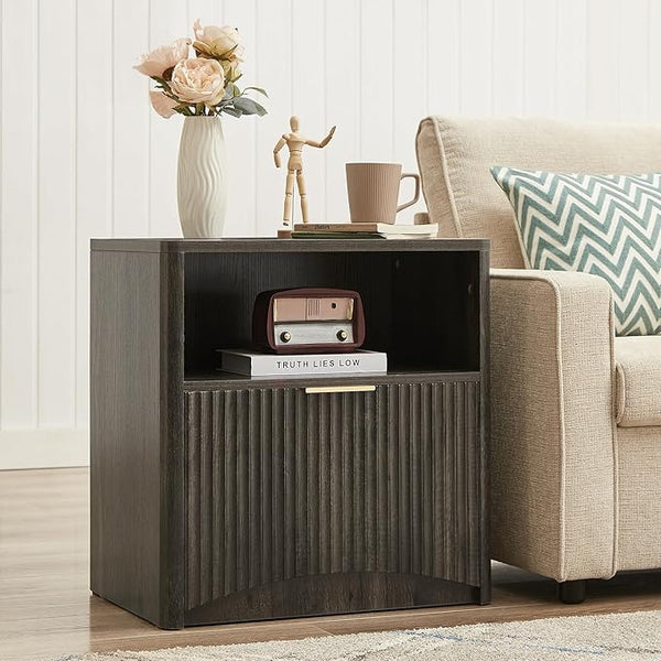 Fluted Nightstand, Dark Grey Bedside Table with Drawer and Storage, Wood End Table Mid Century Modern, Large Night Stand for Bedroom