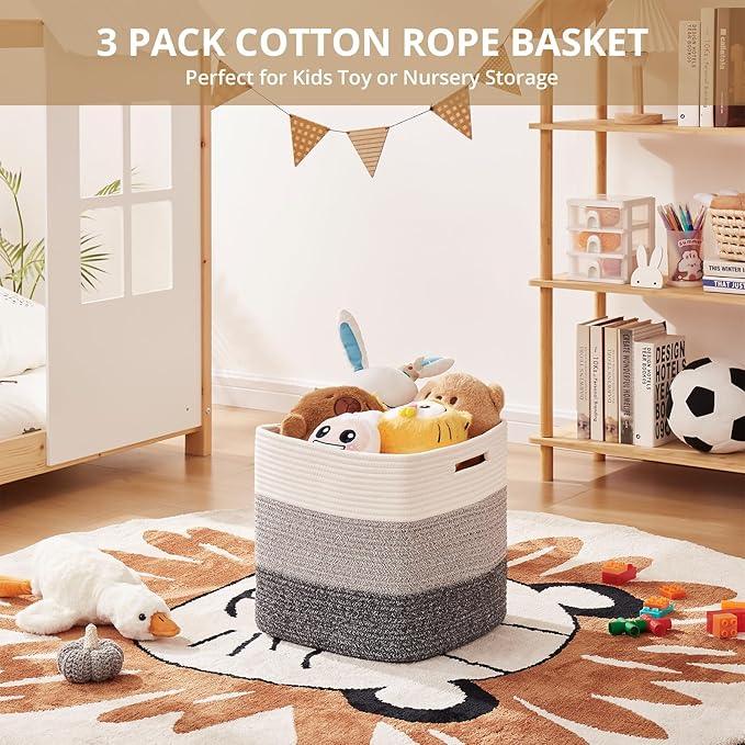 OIAHOMY 13 Kallax Inch Cube Storage Bins, 3-Pack Cotton Rope Woven Baskets for Organizing, Kallax Insert Storage Baskets for Shelves, Baby Nursery, Closet Organizer, 13*13*12.6IN, Gradient Gray