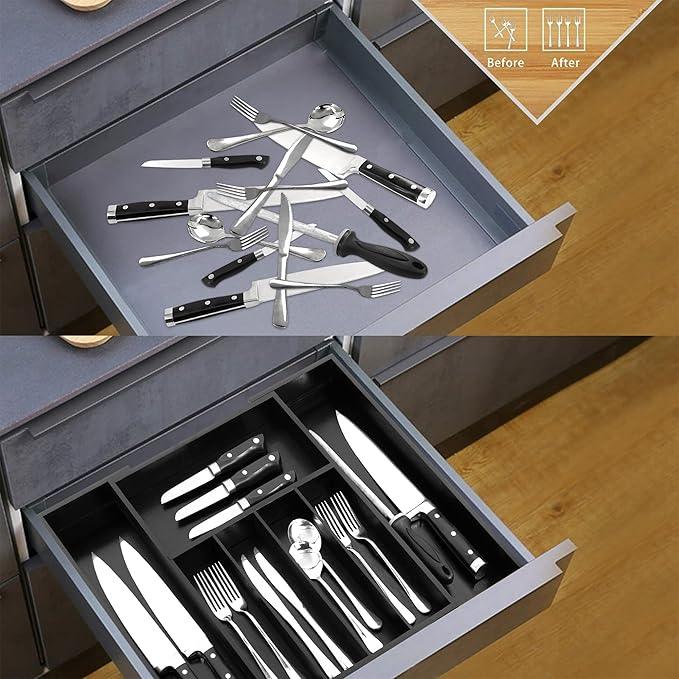 VaeFae Premium Bamboo Drawer Organizer, Expandable Silverware Drawer Organizer, Cutlery Tray with Dividers for Kitchen Utensils (Black, Large)
